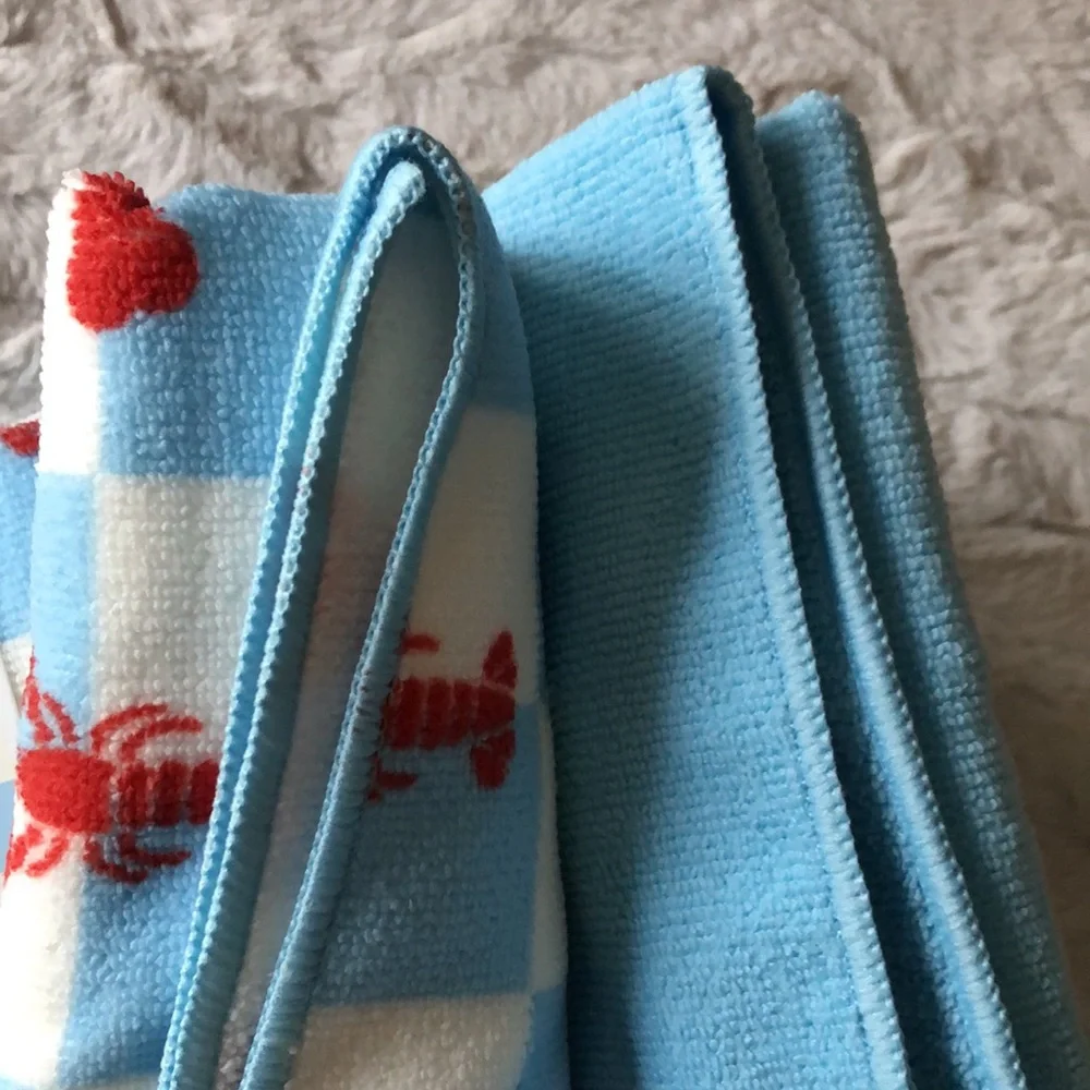 Purely Baxter Blue & White Check Microfiber Pet Towels with Red Lobster Print